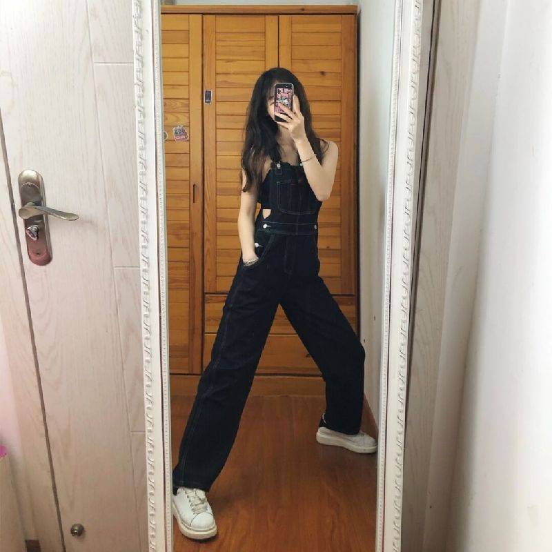 Quần Yếm Denim Một Mảnh Ống Rộng Lưng Cao Màu Đen Muối Phong Cách Xuân Thu Mới Cho Nữ