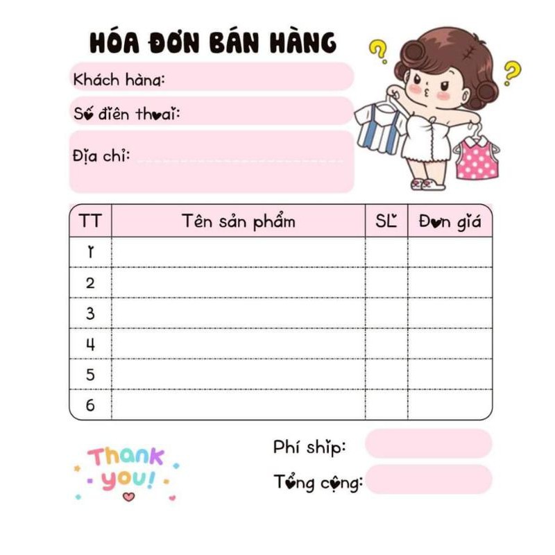 ❤️[MUA 10 CUỐN TẶNG 1 CUỐN] Hoá Đơn Bán Hàng 1 Liên Dễ thương❤️