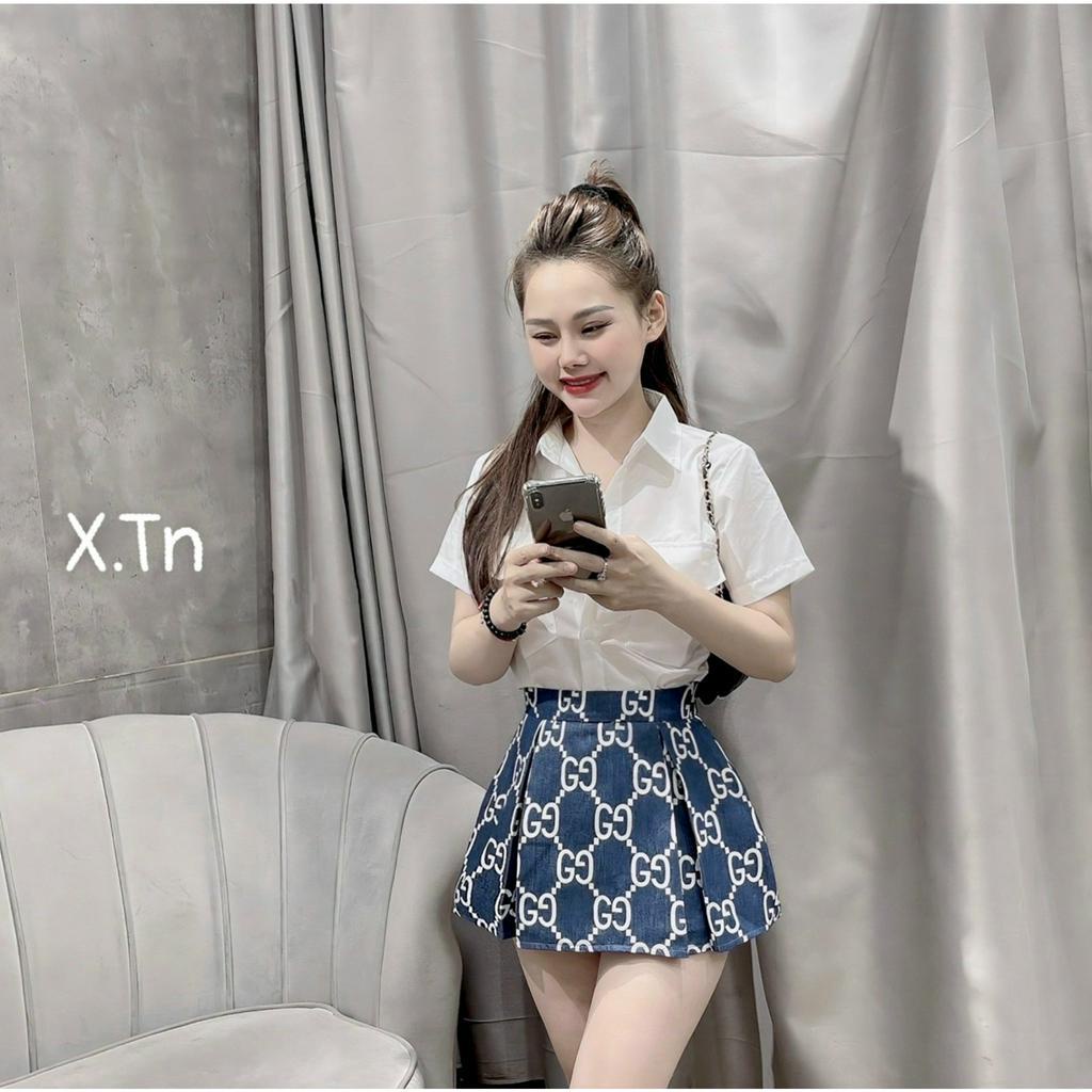 Sét sơmi kèm váy chất thô lụa mềm túi ngực TL711