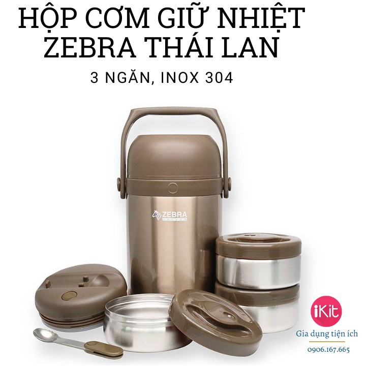 Hộp cơm giữ nhiệt Zebra Thái Lan 3 Ngăn Inox 304 1.8L