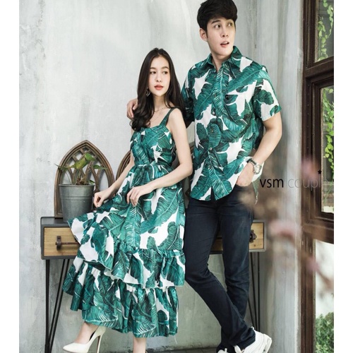 Đồ cặp nam nữ in lá xanh thích hợp đi biển, đi chơi chụp ảnh đẹp