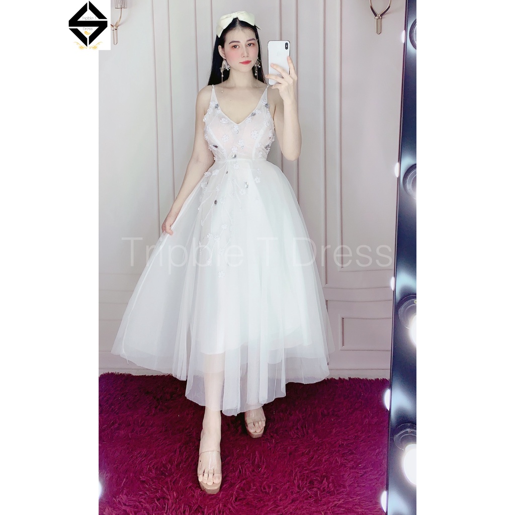 Đầm dự tiệc 2 dây kết cườm và hoa mai nổi TRIPBLE T DRESS - size M/L - MS301V