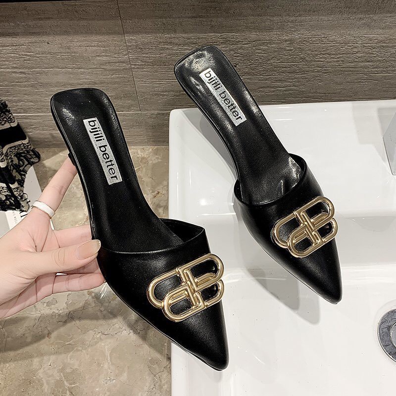 Giày sục nữ cao gót BB 4 cm da mềm, giày sục nữ có 2 màu đen và trắng