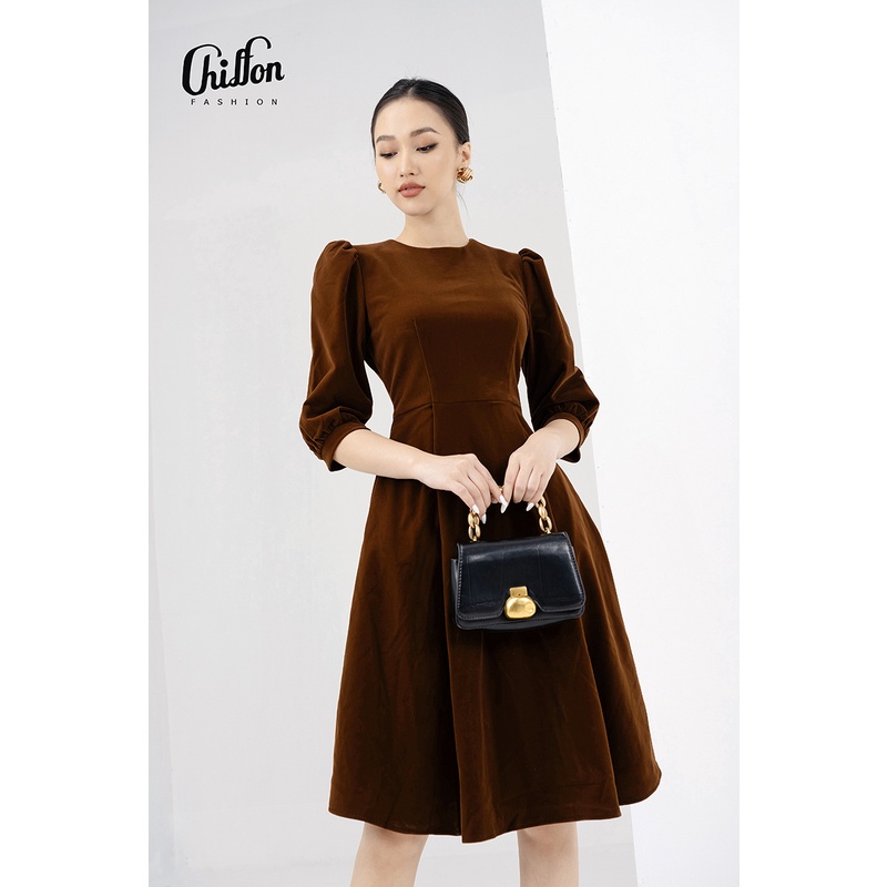 Váy nhung công sở nữ dáng xòe tay bồng thiết kế Chiffon | BigBuy360 - bigbuy360.vn