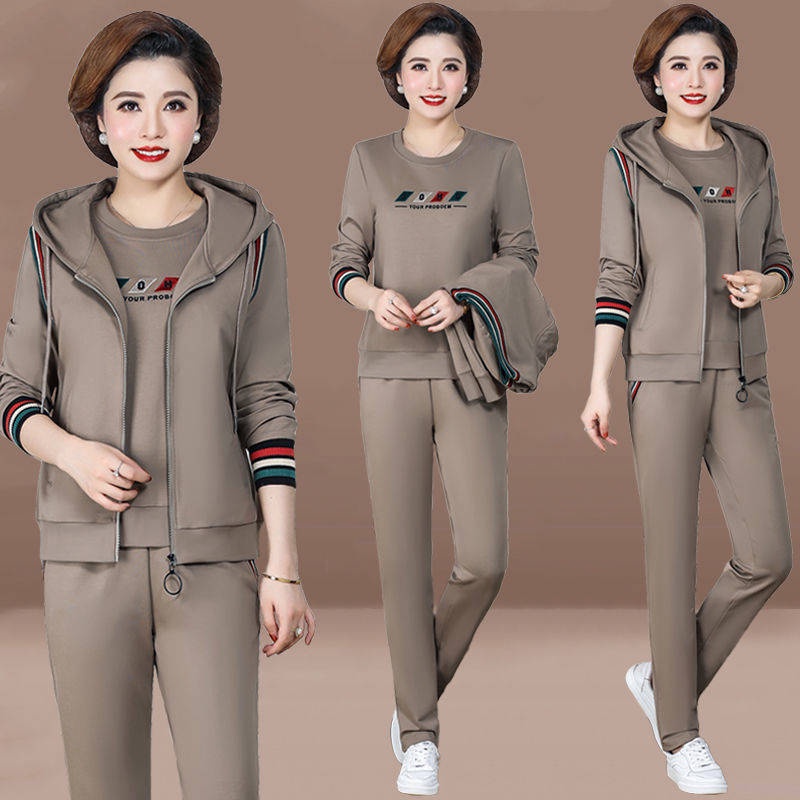 Bộ đồ thể thao áo khoác có nón + quần dài dáng rộng thời trang xuân thu cho nữ trung niên