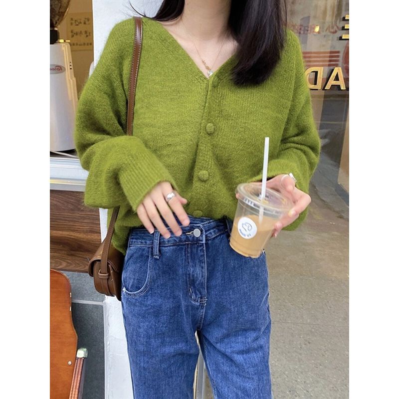 Áo Khoác Cardigan Dệt Kim Cổ Chữ V Màu Xanh Bơ Mềm Mại Phong Cách Nhật Bản