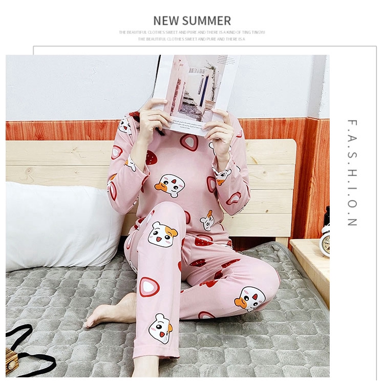 xiaohan korea Spring and Autumn loose nightwear round neck long sleeve sleepwear set cute print women Large size baju tidur | BigBuy360 - bigbuy360.vn