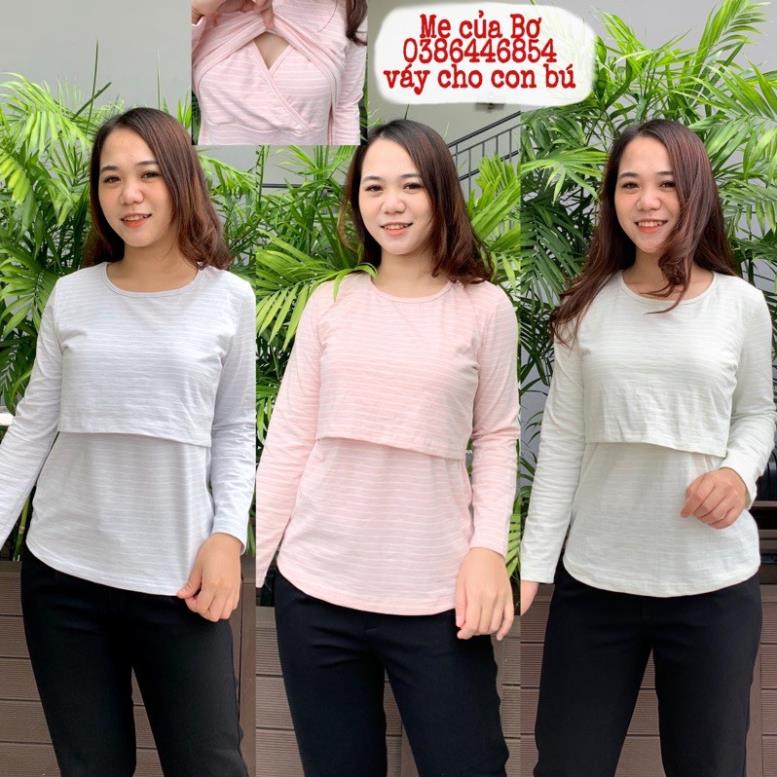 Xả Áo cotton dài tay cho con bú, áo vạt chéo cho mẹ sau sinh có chỗ đặt cúp ngực, size lớn đến 75kg
