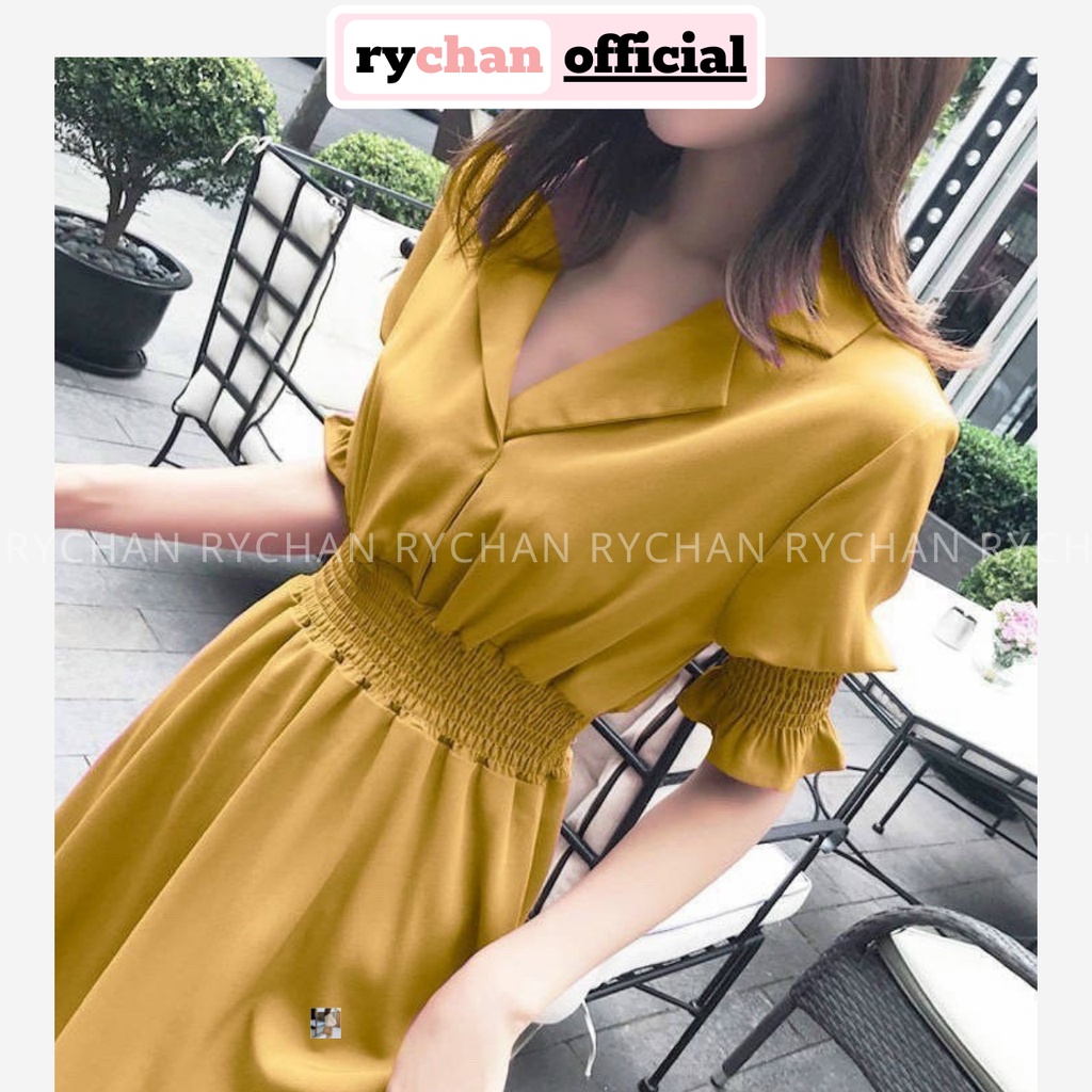Đầm Xòe Midi Cổ Sơ Mi Eo Chun Tay Phồng Viền Bèo - DX0057
