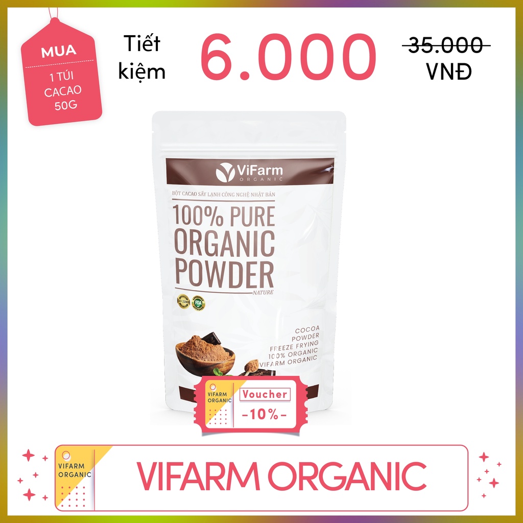 Bột cacao nguyên chất VIFARM 50gram, Bột không đường, hỗ trợ ăn kiêng, từ 100% cacao nguyên chất