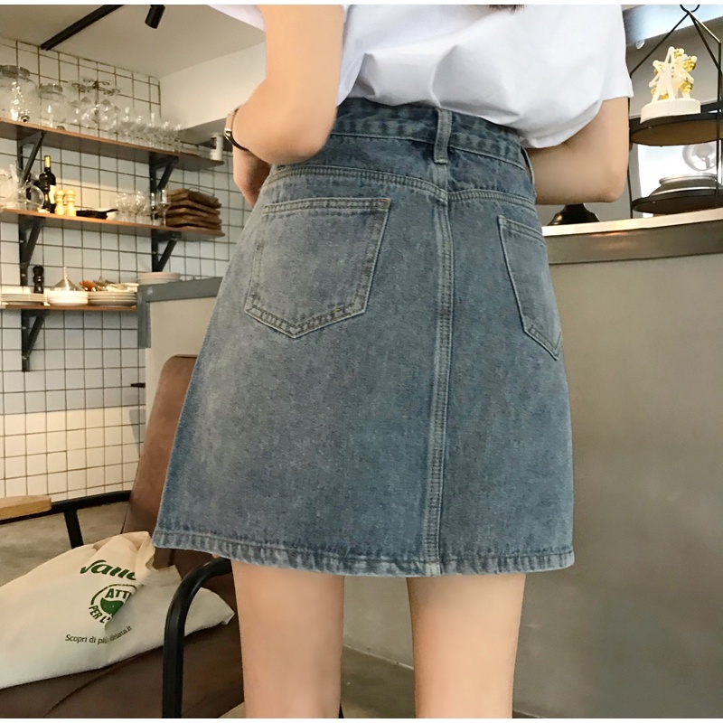 Chân váy jean denim ngắn chữ A Chân váy bò ngắn Lưng cao Hàn Quốc Thiết kế Retro Vintage Thời trang