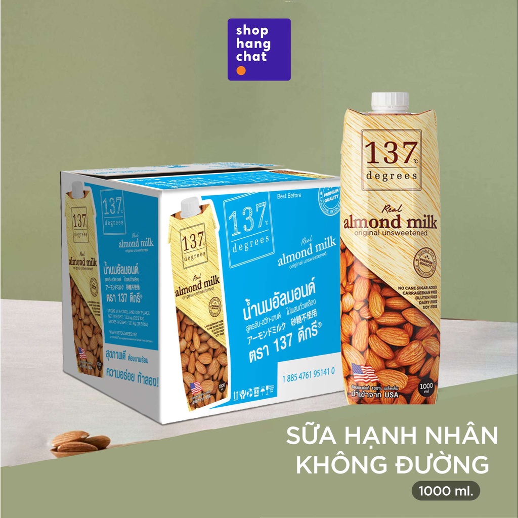 Sữa hạnh nhân không đường 137 DEGREES 1000ml x 12 hộp, 99% từ hạt tươi