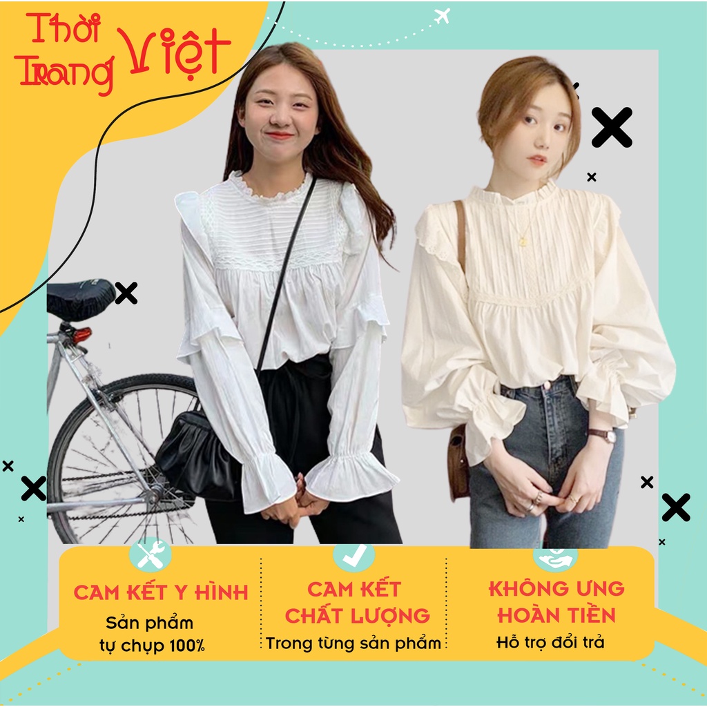 Áo sơ mi dáng dài cổ bèo, Áo babydoll tay phồng dài tay kiểu dáng sang chảnh cho dân công sở