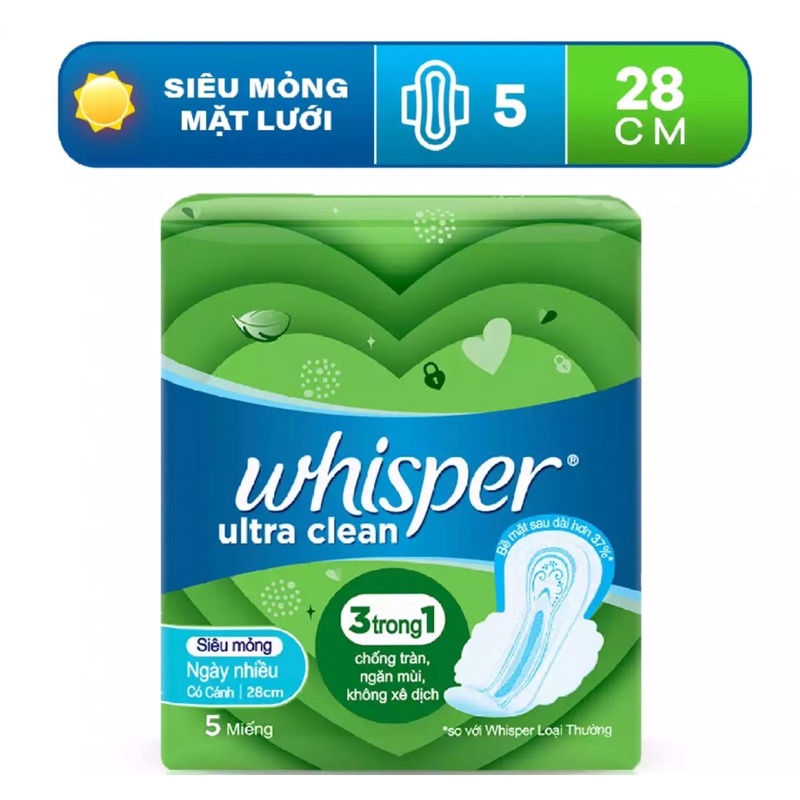 Băng vệ sinh Whisper Ultra Clean siêu mỏng cánh 28cm cho ngày nhiều và đêm thumbnail