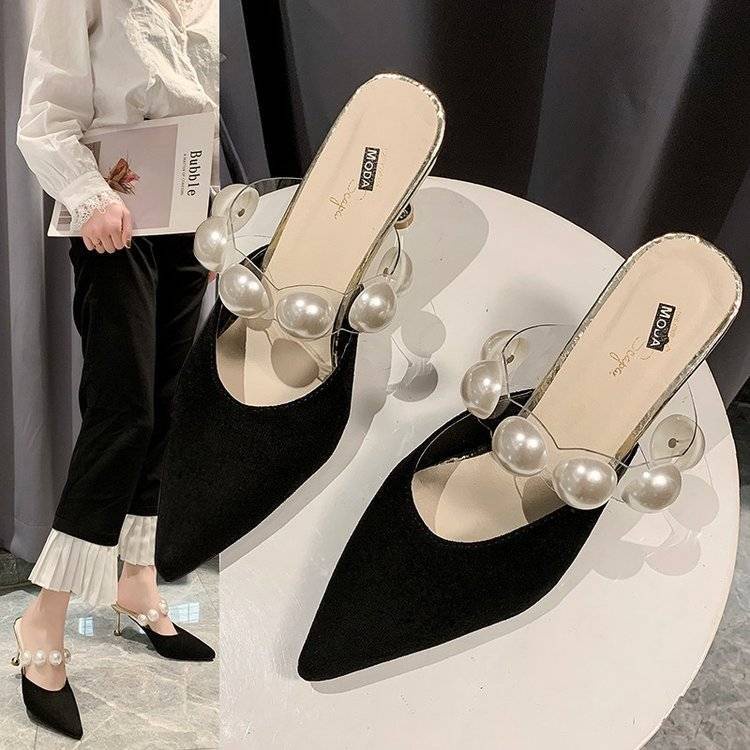 Giày cao gót mũi nhọn đính ngọc trai giả thời trang cho nữ cao 8cm