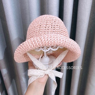 Mũ cói hồng trơn dây ren