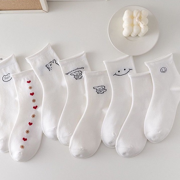 Tất cổ cao chất vải co giãn màu trắng phối họa tiết dễ thương thời trang Hàn Quốc