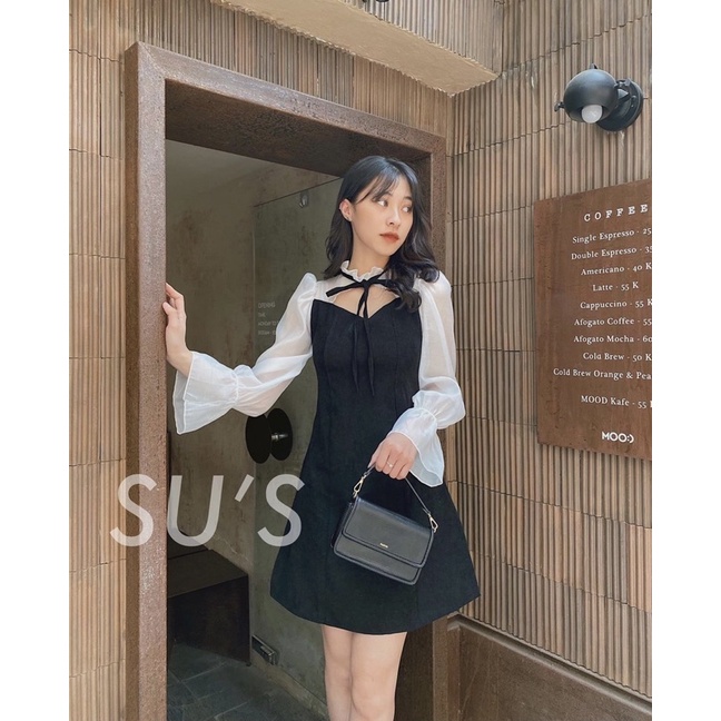 Đầm nhung tăm phối tay dài lụa trắng Váy nhung tăm xinh xắn dài tay . Váy trắng thiết kế, Váy trắng hở vai tay bồng | BigBuy360 - bigbuy360.vn