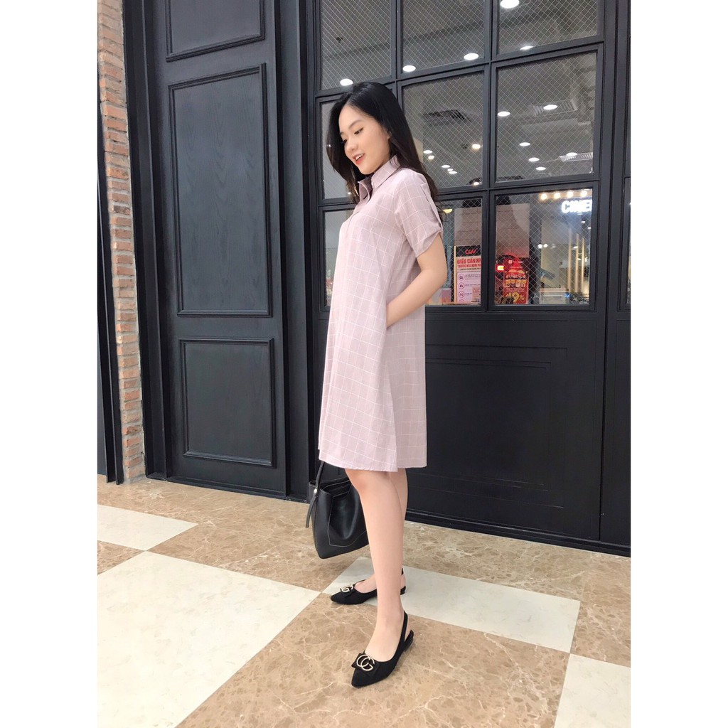 Váy bầu công sở | Đầm bầu dáng suông cổ đức - Vải kaki hè mát