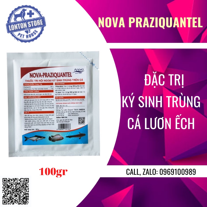 ANOVA Nova Praziquantel - sản phẩm hổ trợ sức khỏe cho cá lươn ốc, gói 100gr