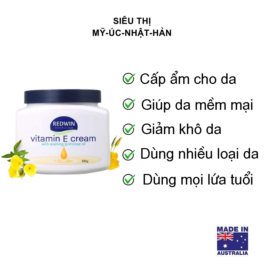 Kem dưỡng da (300g) vitamin E và tinh dầu hoa anh thảo giúp da mềm mịn, sáng bóng, căng mịn cho mọi lứa tuổi Redwin, Úc