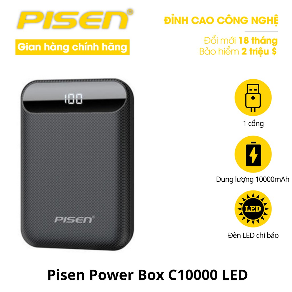 Sạc dự phòng Pisen Power Box C10000 LED 10000mAh - Hàng Chính Hãng
