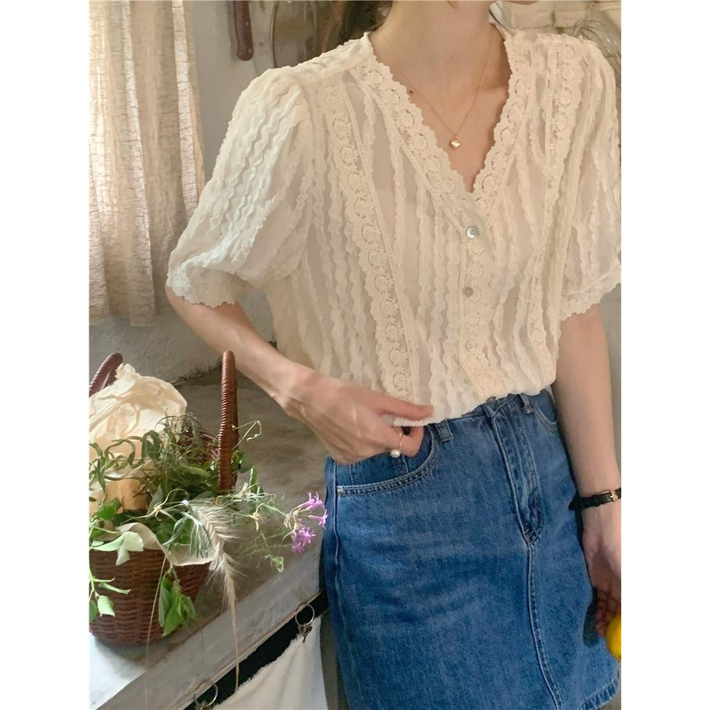 Áo Chiffon Tay Ngắn Phối Ren Trong Suốt Phong Cách Hàn Quốc 54869