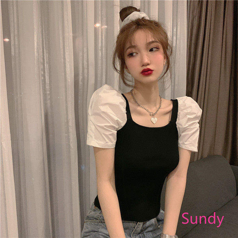 Áo Dệt Kim Cổ Vuông Tay Phồng Thời Trang Mùa Hè Dễ Thương Cho Nữ