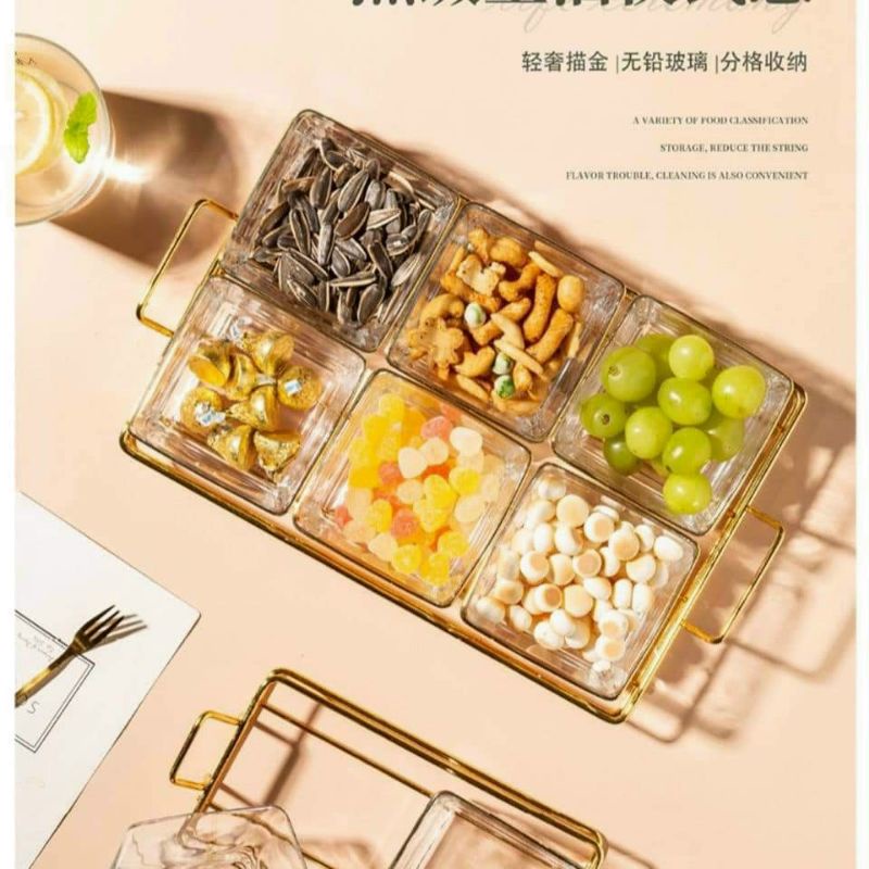 Khay mứt tết 6 ngăn thủy tinh  Cao Cấp  hộp đựng bánh kẹo hoa quả  sang trọng