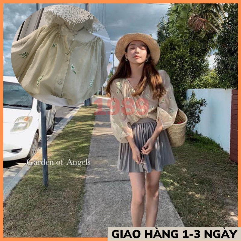 Áo babydoll dáng rộng thêu hoa tay bồng ẢNH THẬT chất đũi mềm min thoáng mát ULZZANG hàn quốc THỜI TRANG 1989