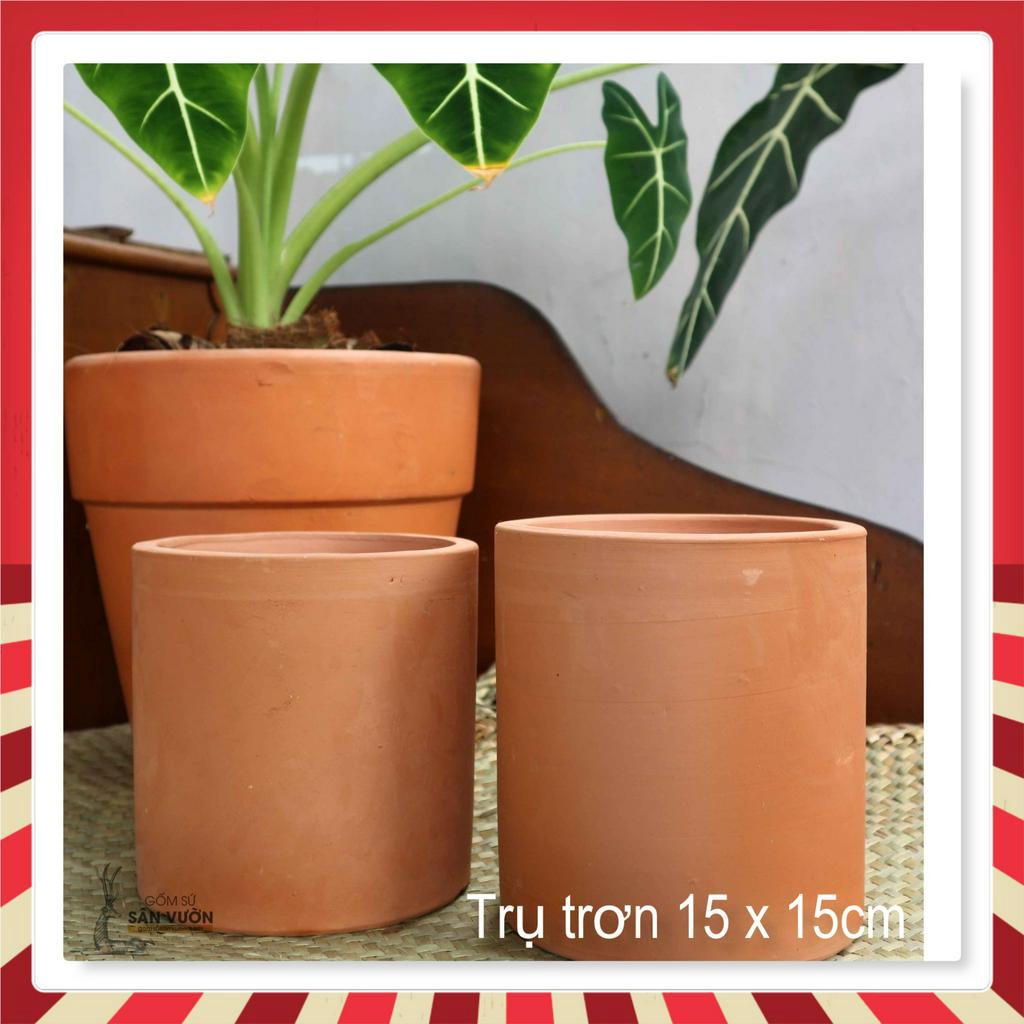 Combo 2 chậu gốm đất nung Hình Trụ Trơn (2 cái 15x15cm) - Màu gốm đỏ , chậu trồng cây, gốm sứ sân vườn Bình