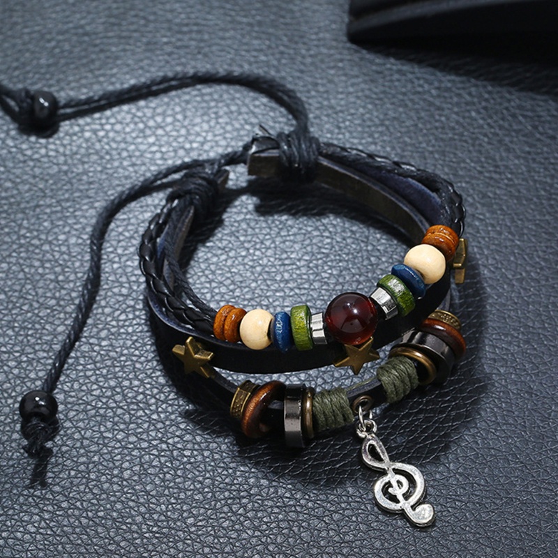 Cooo Vòng Tay Bện Dây Da Nâu Nhiều Lớp Gắn Hạt Gỗ Phong Cách Bohemian Lướt Sóng