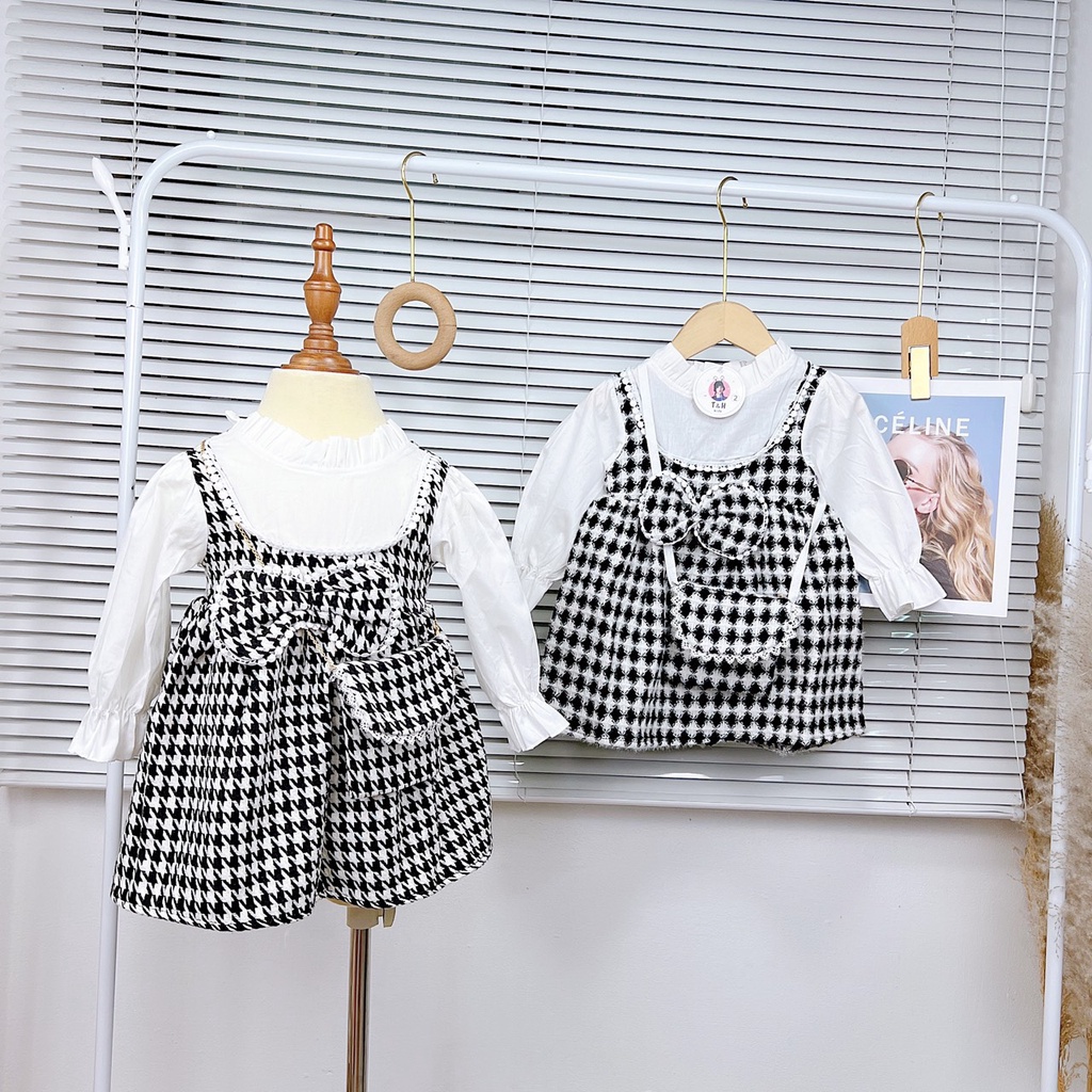Váy bé gái thu đông dài tay kiểu yếm cổ bèo gắn nơ Set đầm babydoll kẻ sọc dệt kim kèm túi cho bé từ 8-20kg, SUN KID'S