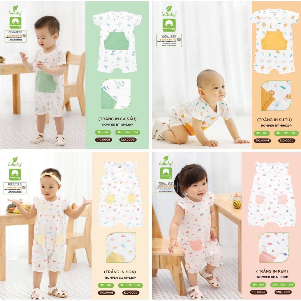 Romper, Body liền quần cộc bé trai/gái Lullaby NH629P (Sz 3-12m)