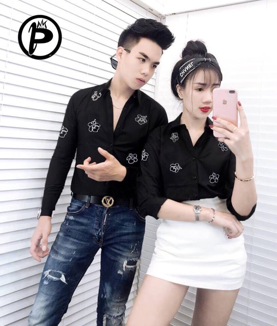 Áo sơ mi cặp thời trang họa tiết hoa rơi