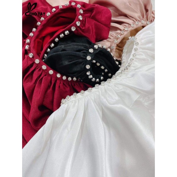 Đầm phi lụa chéo vai tà lệch khoét eo đính cườm