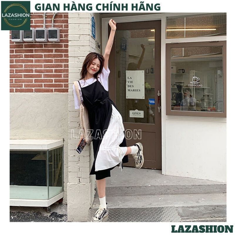 Set váy yếm đen trắng đầm nữ áo cộc tay croptop kèm váy 2 dây dài maxi dáng xòe kiểu dáng ulzaang hàn quốc hot trend | BigBuy360 - bigbuy360.vn