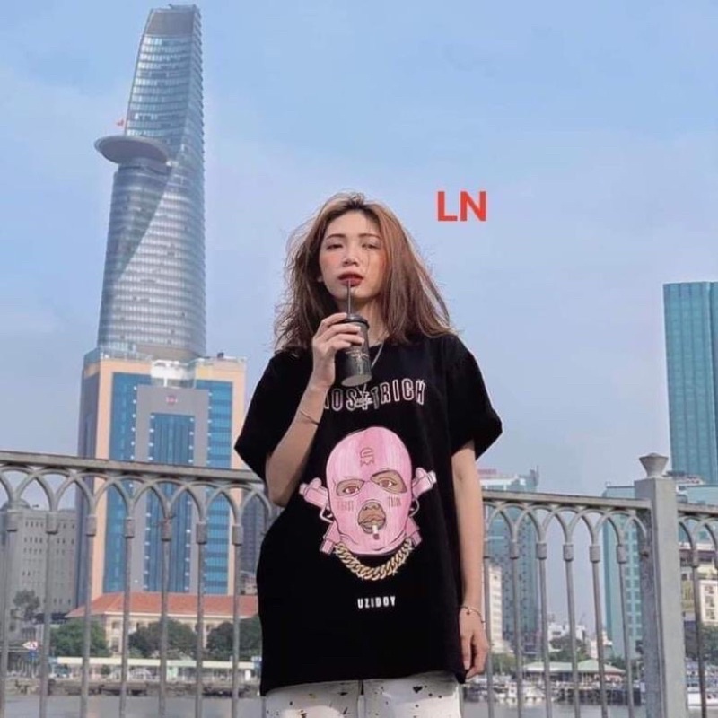 Áo thun hè tay lỡ mặt nạ hồng in 5D chất cotton form rộng dáng thụng nam nữ mặc đối nhóm giá rẻ freesize