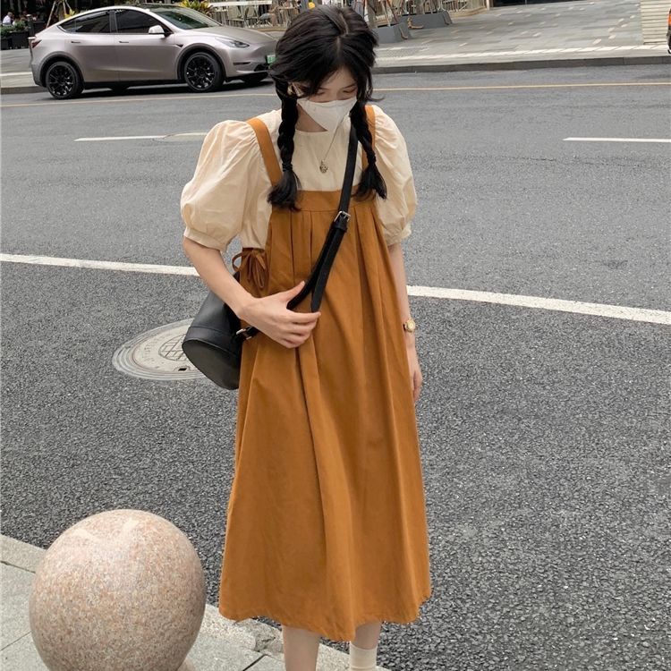 Set Áo Sơ Mi Dài Tay + Đầm Yếm Dài Qua Gối Phong Cách Preppy Mùa Hè Cho Nữ