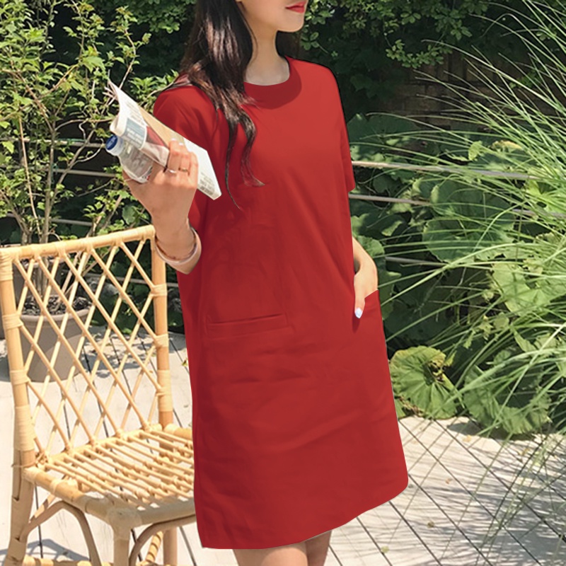Đầm mini ZANZEA bằng cotton ngắn tay màu trơn có túi phong cách Hàn Quốc thời trang cho nữ