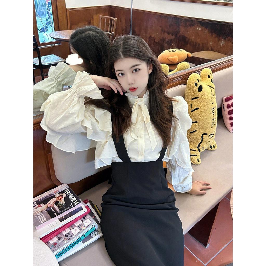 Mnefokc Bộ Đồ Nữ Mùa Thu  Phong Cách Mới Của Pháp Khí Chất Lá Sen Viền Dài Tay Áo Sơ Mi Eo Cao Thắt Lưng Váy Nửa Người