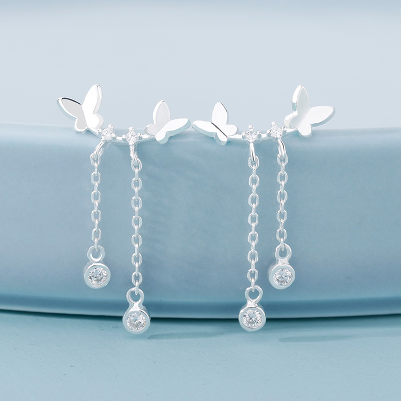 Bông tai bạc hình bướm tua rua đính pha lê thời trang dành cho nữ