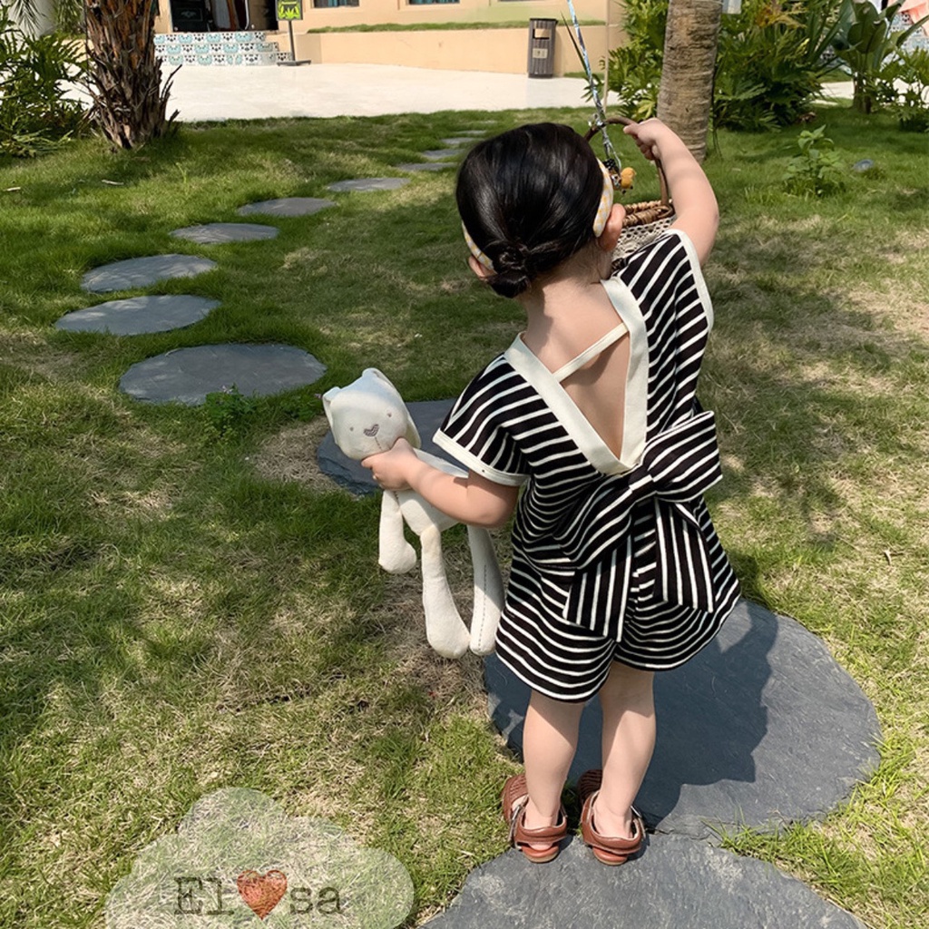 Quần áo bé gái - Bộ thun kẻ sọc nơ sau lưng siêu xinh cho bé gái 1-5 Tuổi