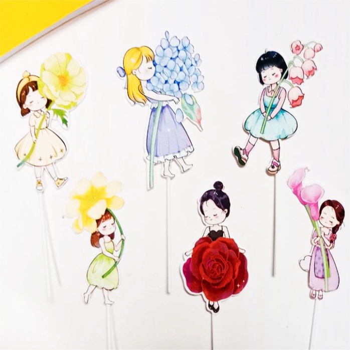 đồ phụ kiện bánh sinh nhật bánh kem [FREESHIP❤️] set cắm 6 cô gái ôm hoa