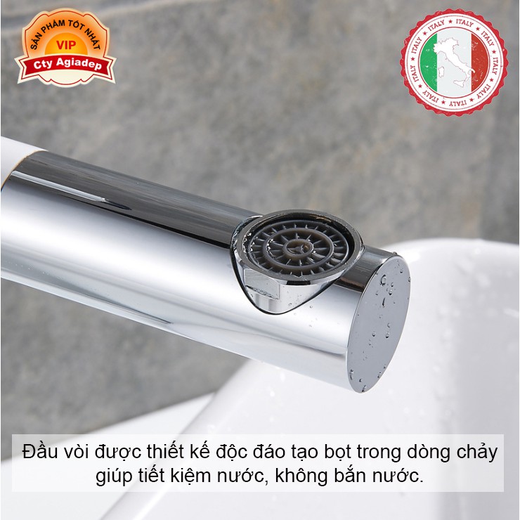 Vòi Lavabo nóng lạnh (Bóng kính, MÀU ĐEN, chân vừa) + 2 dây cấp - Siêu cấp ITALIA