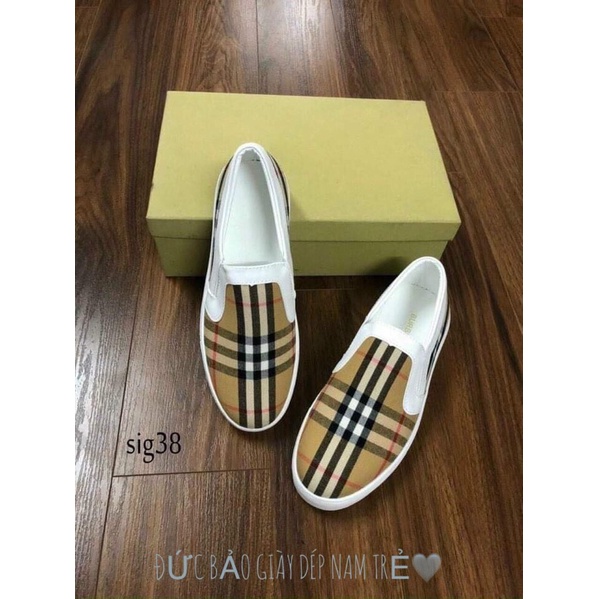 Thể thaõm giày lười slipon burberry nâu kẻ ,hàng siêu cấp Full size Full box