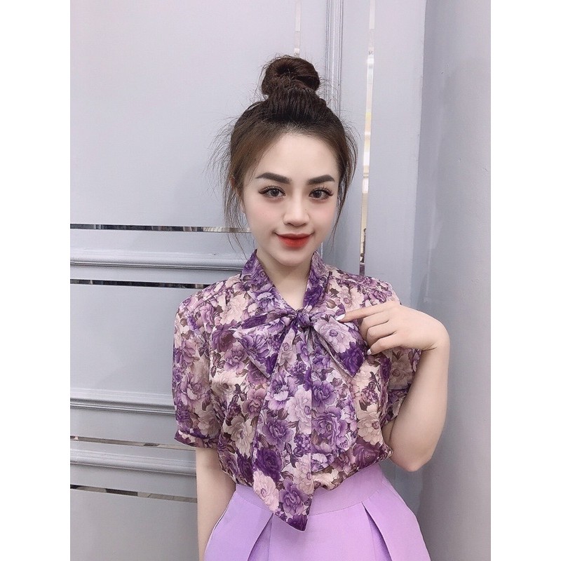 Sơ mi tơ hoa 2 lớp nơ cổ