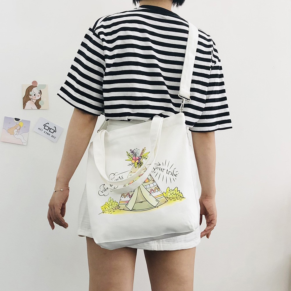 Túi tote vải Canvas đeo vai in hình túp lều BEE1483-6E8 - Chưa kèm dây đeo chéo