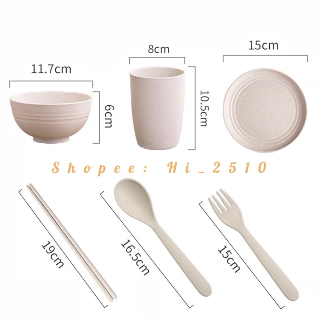 Hàng Loại 1 - Bộ Tô (Bát) Chén Muỗng Đĩa Nĩa Đũa Dĩa Ly Bằng Lúa Mạch Màu Pastel - Combo 6 Món - HÀNG CÓ SẴN