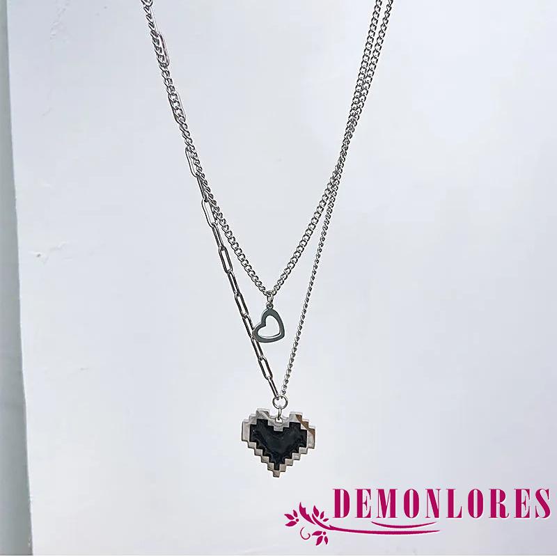 Dây Chuyền Mặt Hình Trái Tim Khảm Họa Tiết Mosaic Màu Đen Phong Cách Hip Hop Thời Trang Cho Nữ
